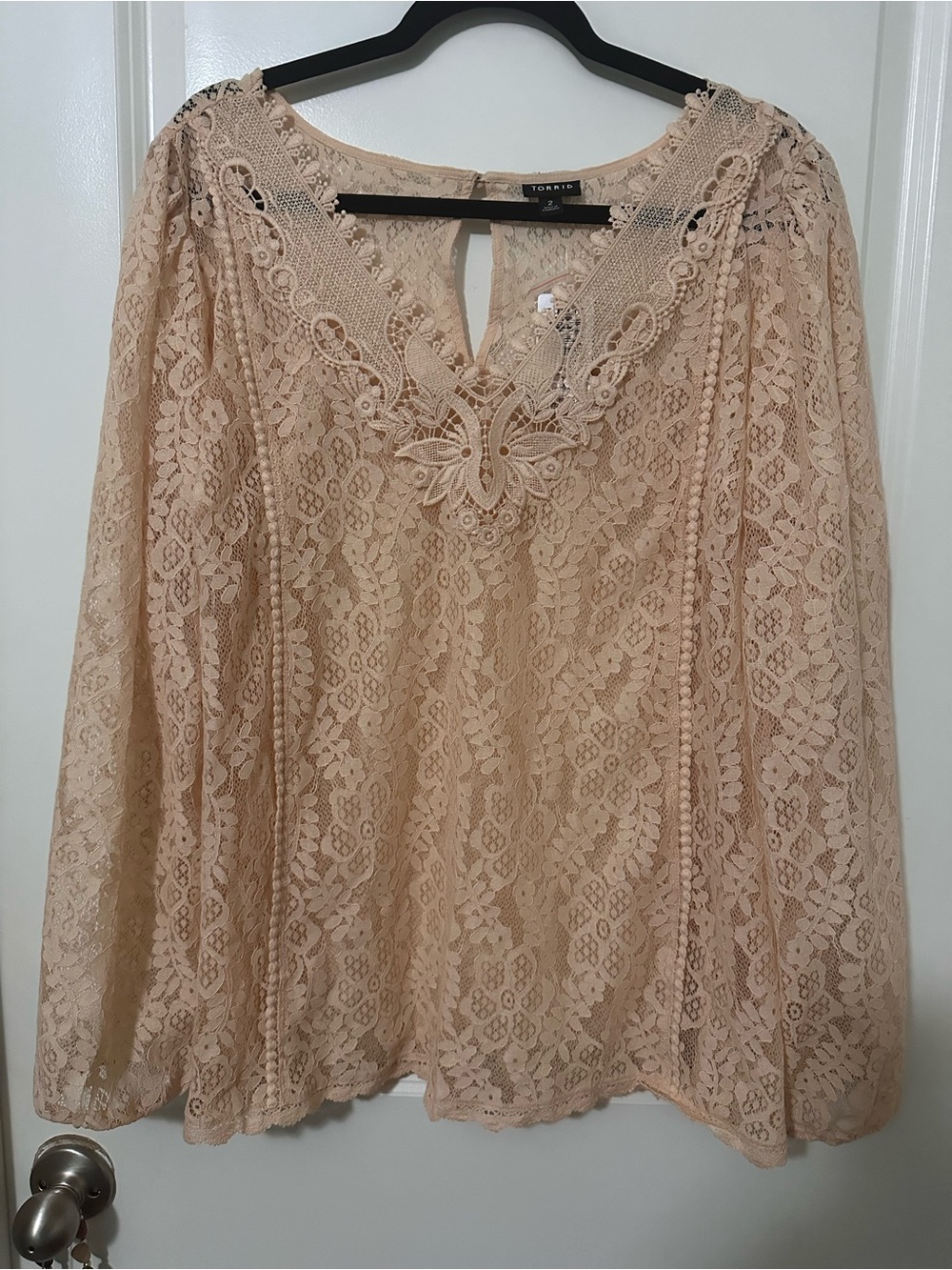 torrid Beige Lace Peasant Top with Embroidered V-Neck